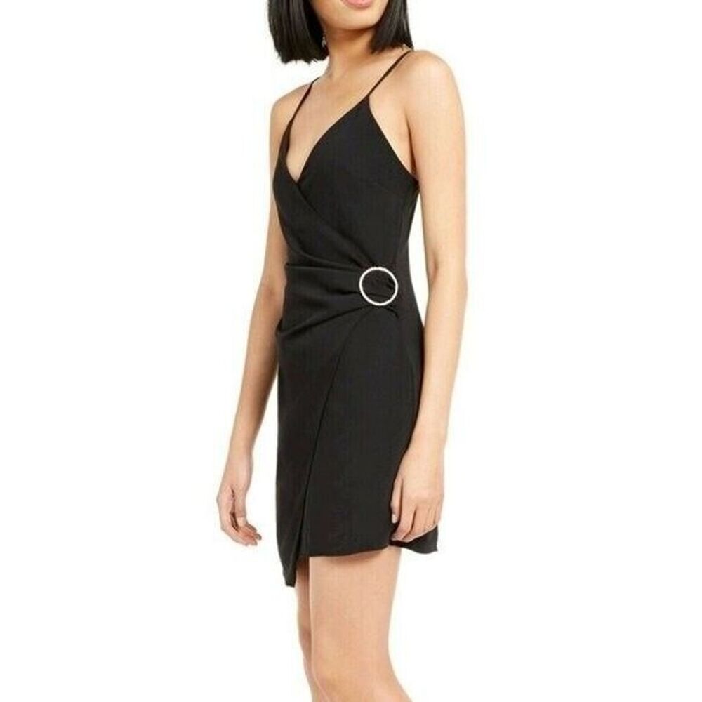 LEYDEN Black Faux-Wrap Mini Dress with Rhinestone Detail - Glitz & Glam, Size L